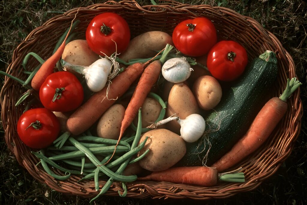 A high angle shot of fresh and unwashed vegetables in a basket on the grass