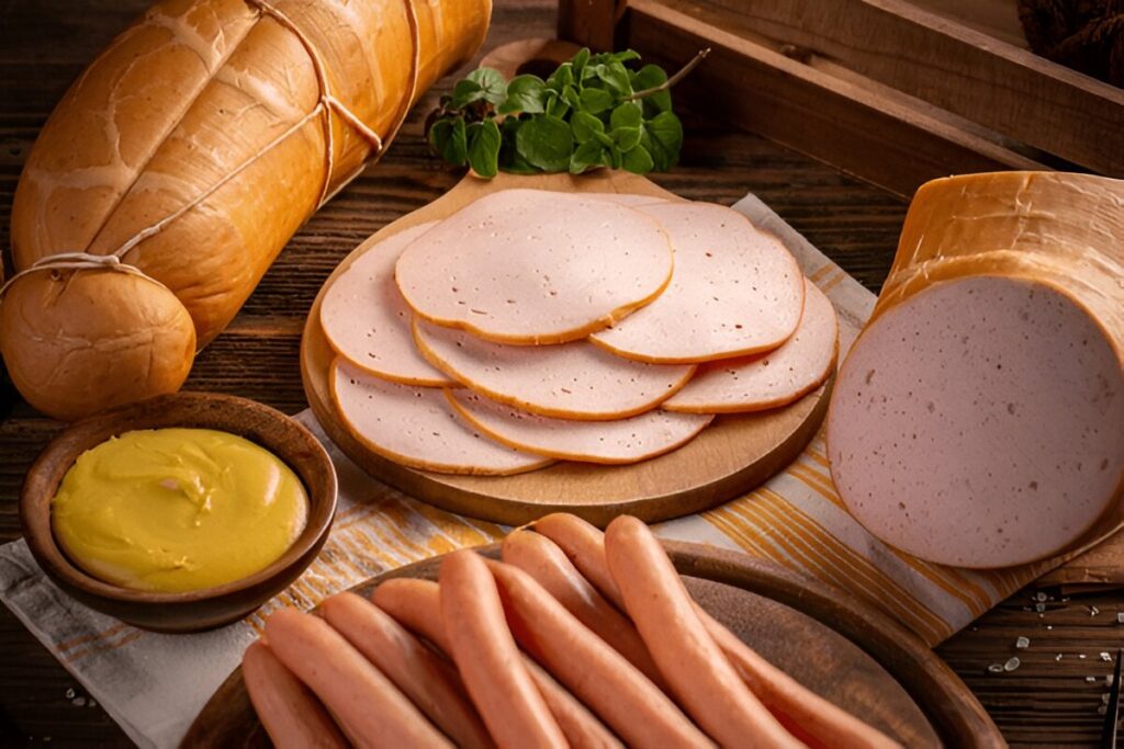 Delicious deli meats and Wiener sausages on wooden cutting board