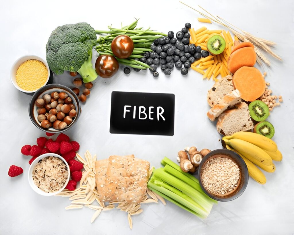 Foods high in fiber on gray background