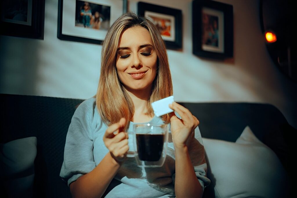 Woman Using Artificial Sweetener for her Beverage in the Morning Girl defeating her taste for sweetness with healthier alternatives