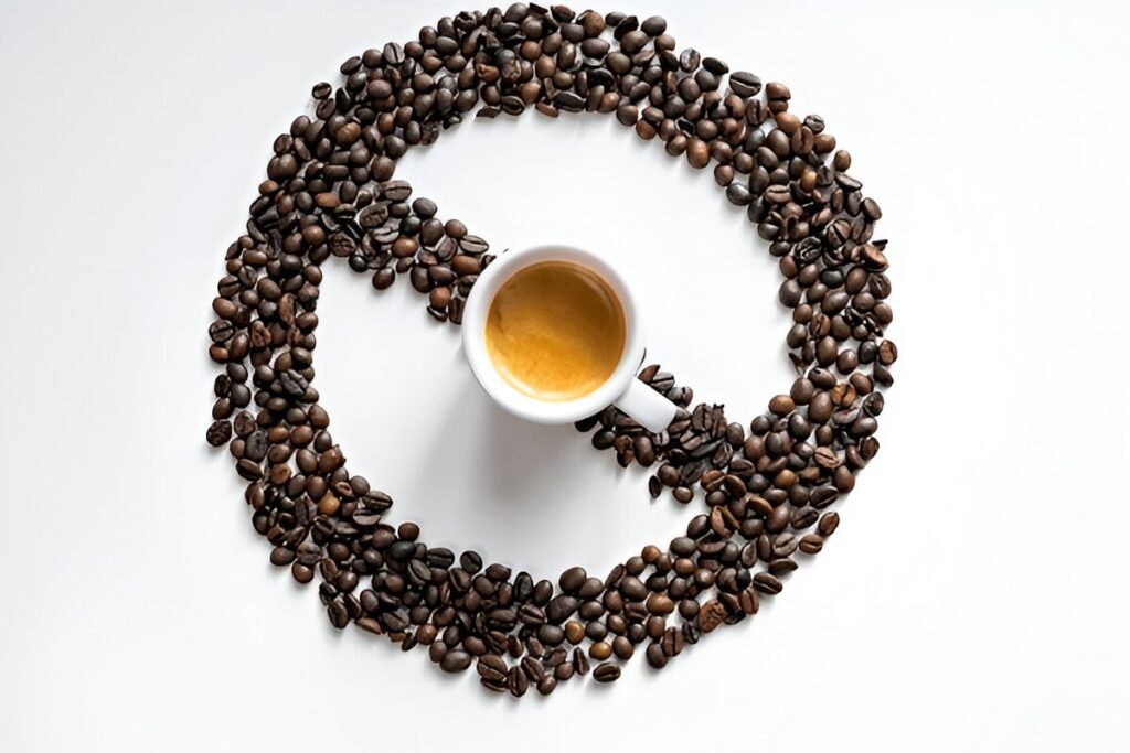 cup of coffee and prohibition sign made of coffee beans