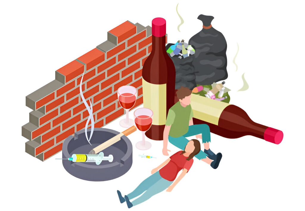 Bad habits. Isometric addictions concept. Vector people with addiction. Alcohol, drugs, nicotine