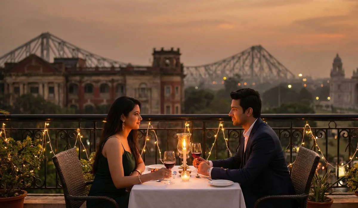 Couple enjoying a quiet candle light dinner in Kolkata with city lights in the background